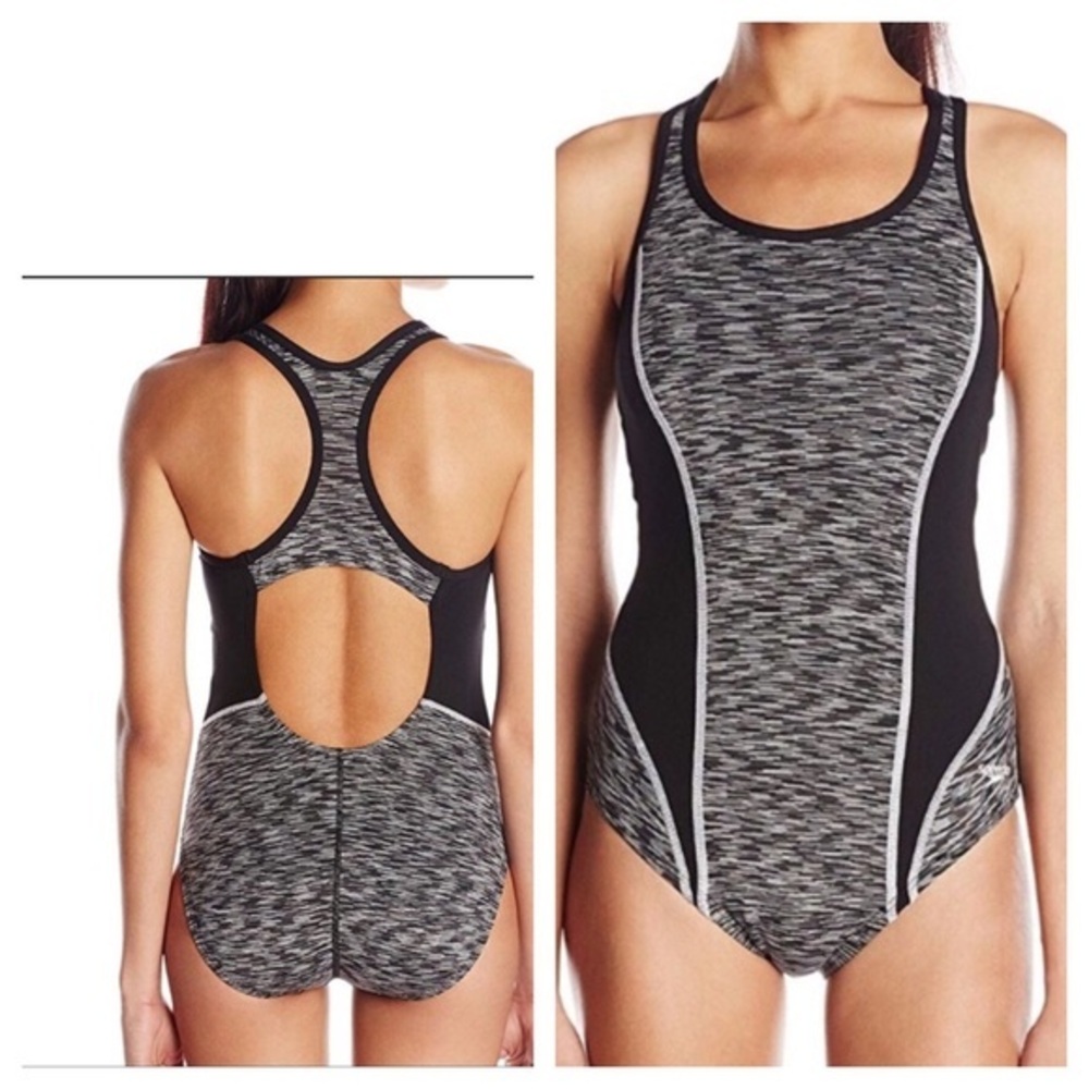 Speedo Racerback Swimsuit 1 Pc  - 14 Black & Gray NWT